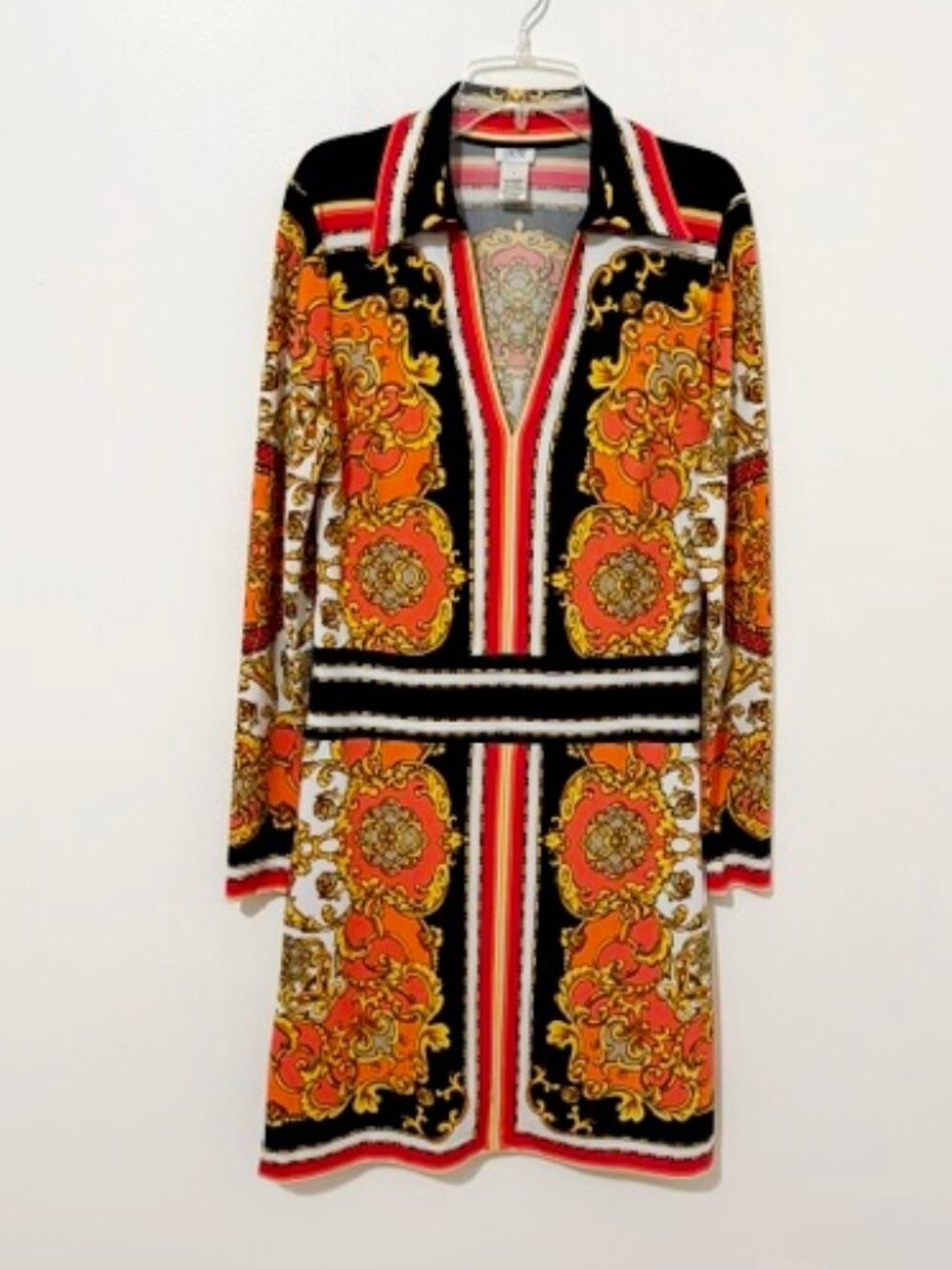 Cache Sheath Dress Black Coral Gold Baroque Medallion Print Long Sleeve Size Sm